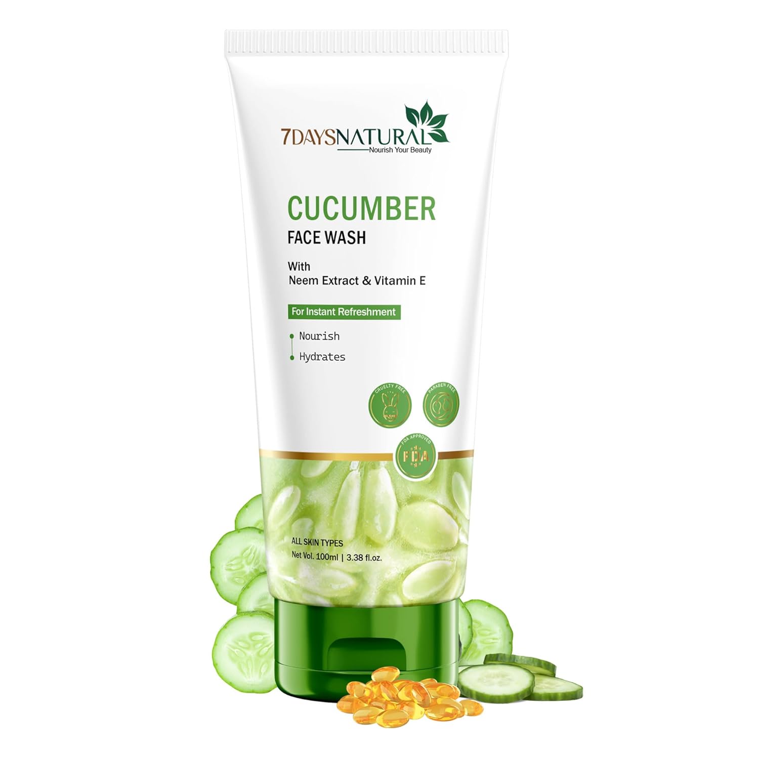 7DAYSNATURAL Cucumber Face Wash for Men & Women | Gentle Cleanser with Licorice & Vitamin E for Oil Control & Glowing Skin | Suitable for All Skin Types | 100ml